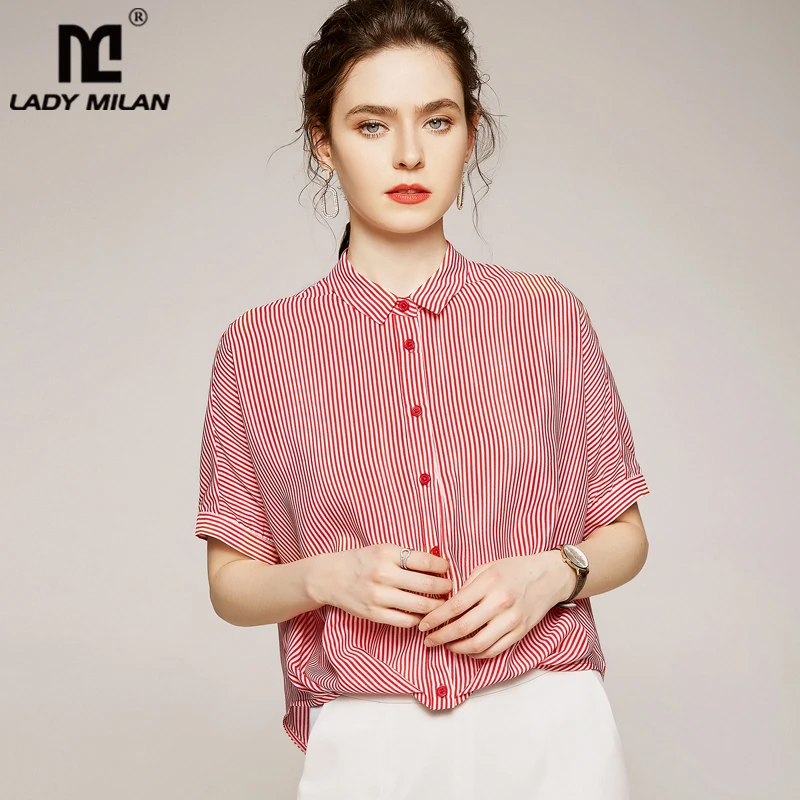 Женская рубашка из 100% шелка с отложным воротником и короткими рукавами в полоску
