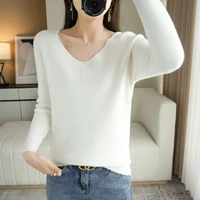v neck sweater women loose western style korean version of the 2021 autumn and winter new slim solid color base knitted pullover