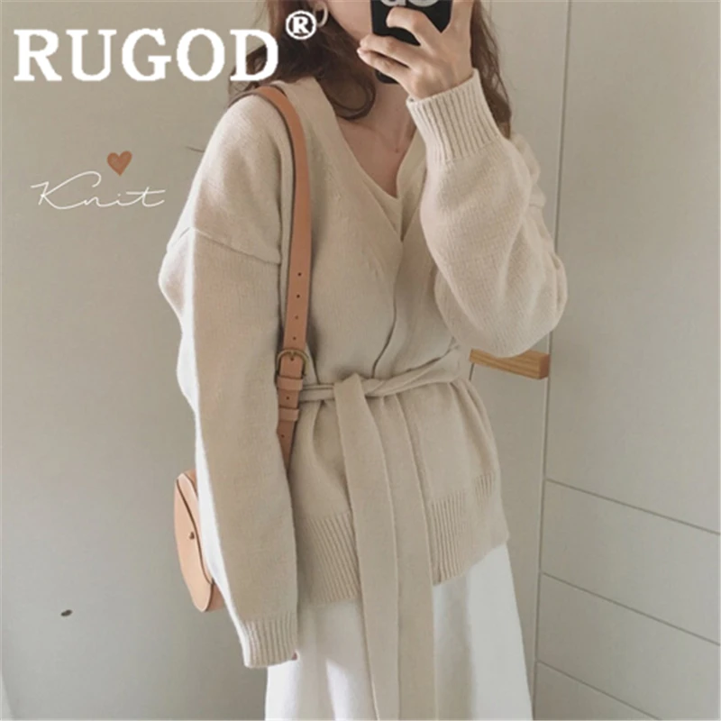 RUGOD/женский однотонный теплый свитер кардиган винтажный с v-образным вырезом