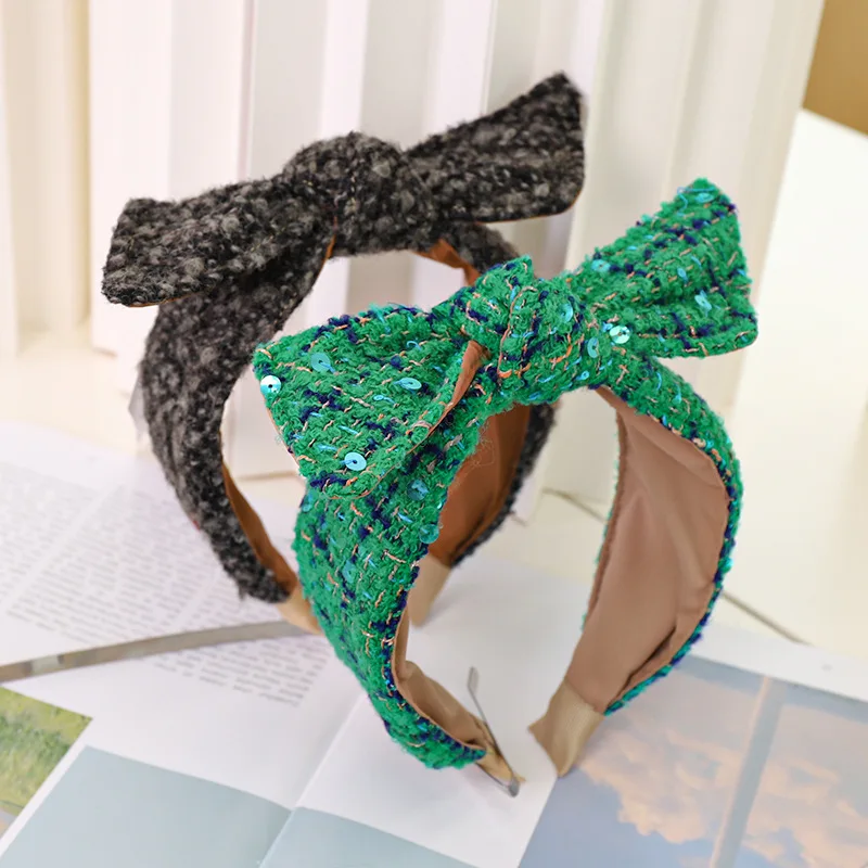 

Повязка на голову женская с большим бантом, модный обруч с широкими боками из шерстяной ткани, аксессуары для волос в Корейском стиле, Осень-...