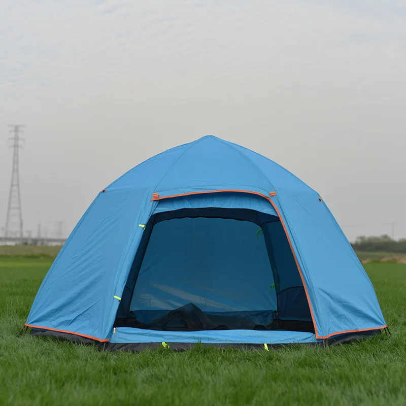 Billig Automatische Doppel-schicht Hydraulische Zwei-tür Vier-fenster 5-8 Menschen Hexagonal Outdoor Camping Belüftung Zelt Freies Zu Bauen