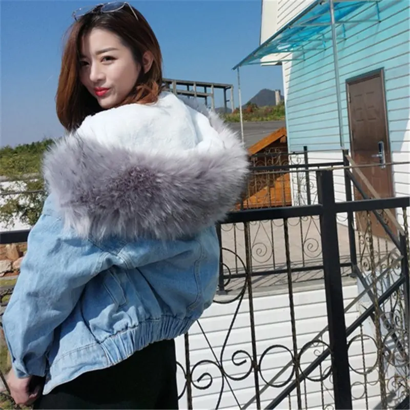 

Denim Jacket with Faux Fur Coat Women Lambswool Hoodies Thicken Warm Wool Outwear Winter Parka Overcoat Warm Parkas Coats
