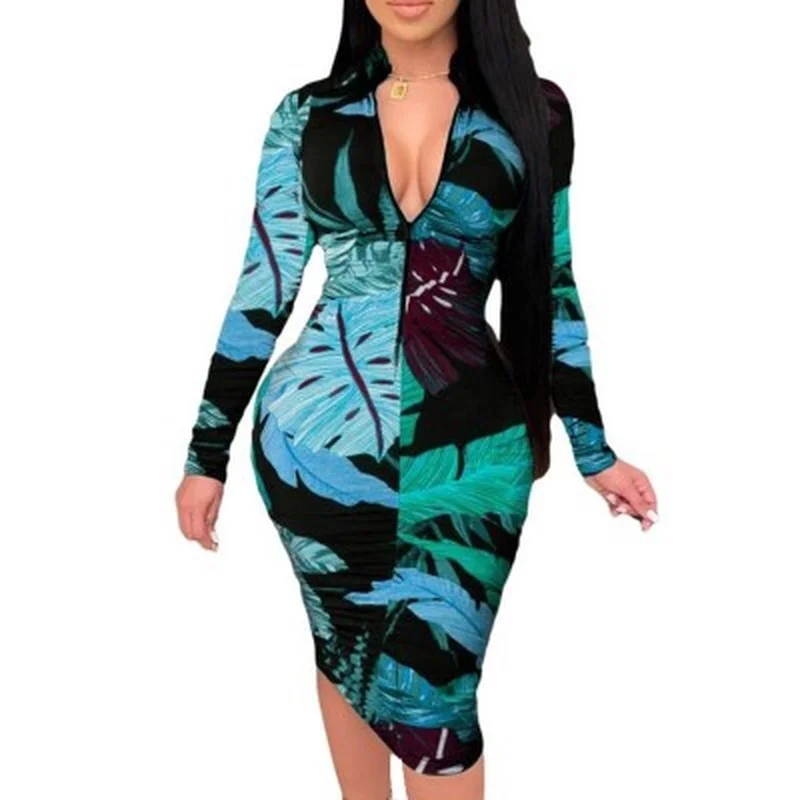 

Women Sexy V Neck Zipper Slim Party Dress Summer Spring Vintage Print Short/Long Sleeve Bodycon Lady Casual Plus Size Dresses