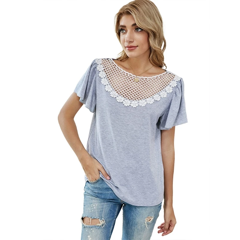 

Summer Women T-shirt Patchwork Butterfly Sleeve O-Neck Solid Floral Lace Hollow