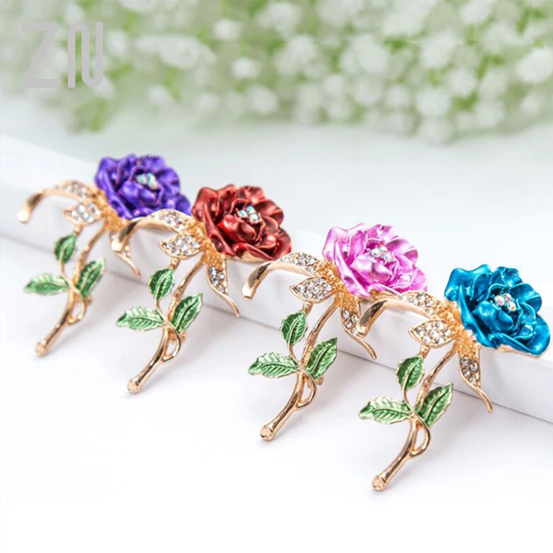 

ZN 2021 New1 PCS Red Rose Flower Brooch Garment Accessories Wedding Bridal Jewelry Crystal Brooches for Men /Women