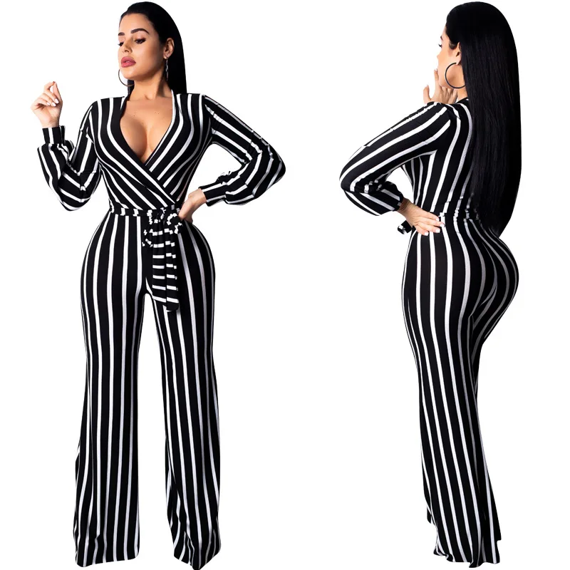 Женский полосатый комбинезон с v образным вырезом элегантные офисные вечерние