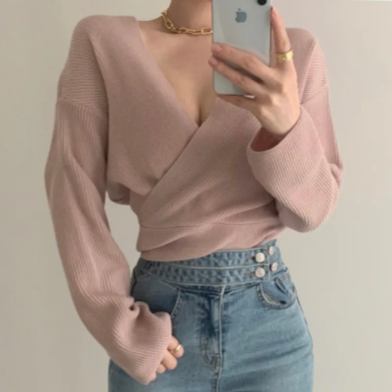

Spring Autumn Sexy Sweater Women Long Sleeve V-neck Loose Solid Color Knitted Tops Women 2021 Casual Knitwear Pullovers Elegant