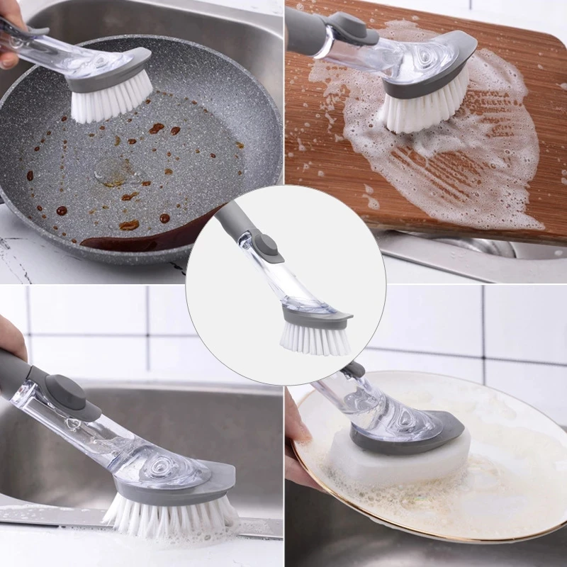 

2 In 1 Kitchen Cleaning Brush Long Handle Kitchen Cleaning Brush with Removable Brush Sponge Dispenser Dishwashing Brush Kitchen