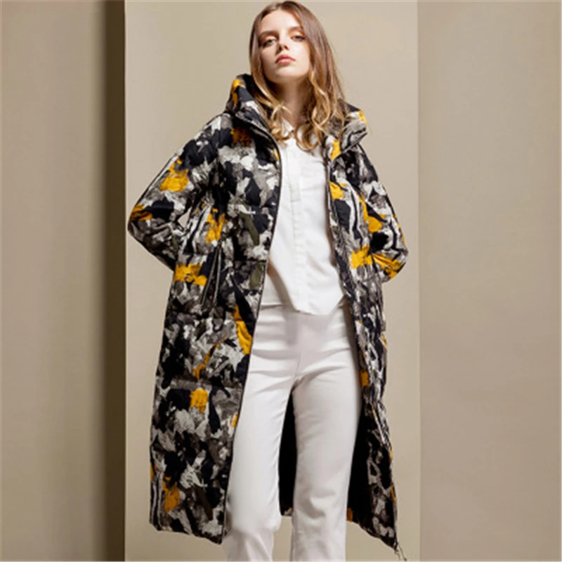 New Arrivals 2022 Winter Women's Down Coat Overcoat Casual Slim Camouflage Female White Duck Down Coats Print Warm Long Coats
