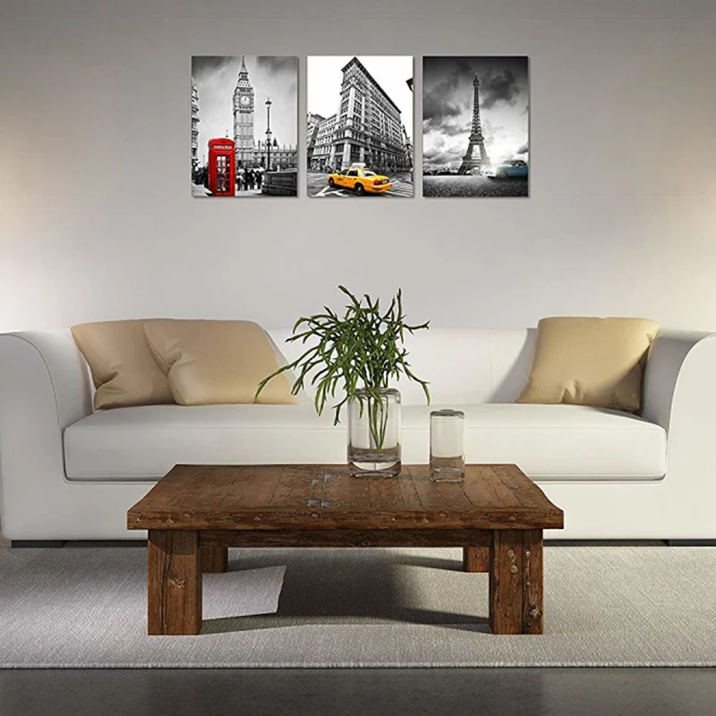 

3 Pcs Framed Canvas Wall Art Black White Paris Tower Blue Car London Big Ben Red Telephone Booth New York Yellow Cab Cityscape