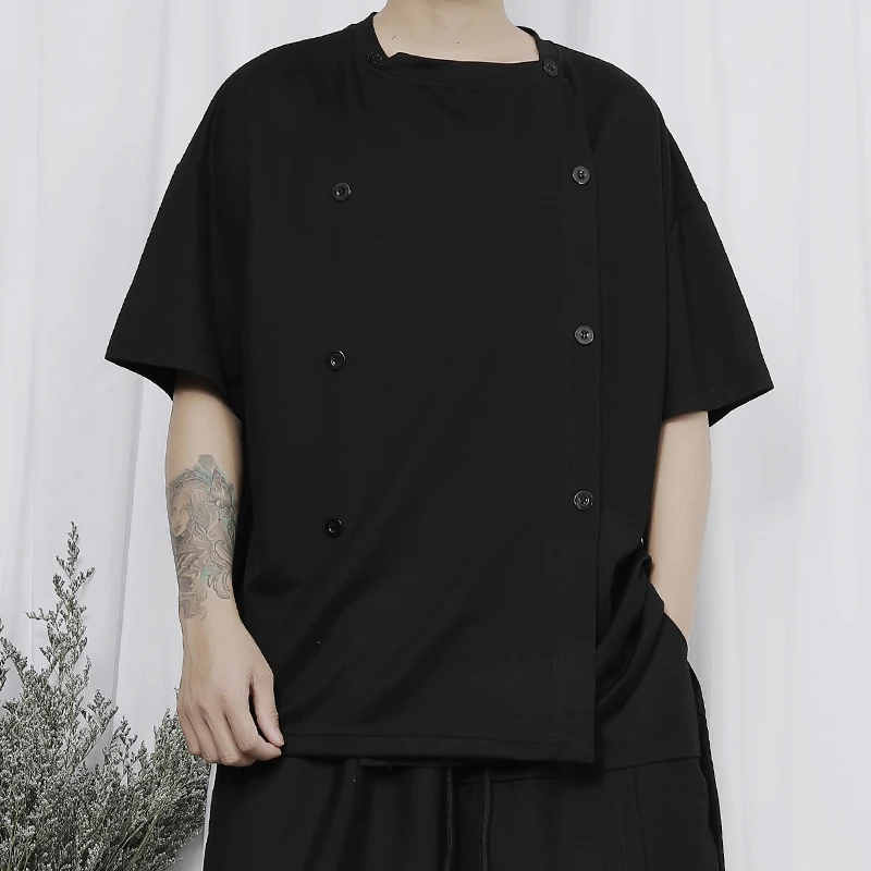 

Men's Collarless Casual Shirt Large New Summer Fashion Dark Double Breasted Design Folding Solid Loose Short Sleeve T-Shirt