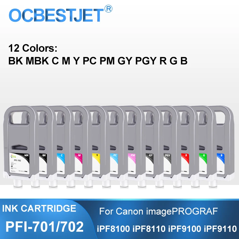 

PFI-701 PFI-702 700ML Compatible Ink Cartridge With Full Ink For Canon imagePROGRAF iPF8100 iPF8110 iPF9100 iPF9110 12Colors/Set