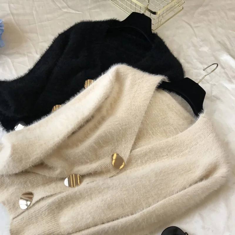 Золотой блестящий однобортный шерстяной женский кардиган с пуговицами