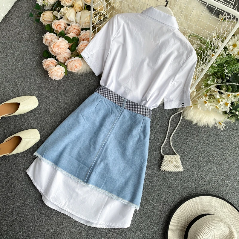 Женское платье с коротким рукавом и джинсовой юбкой комплект из двух предметов в