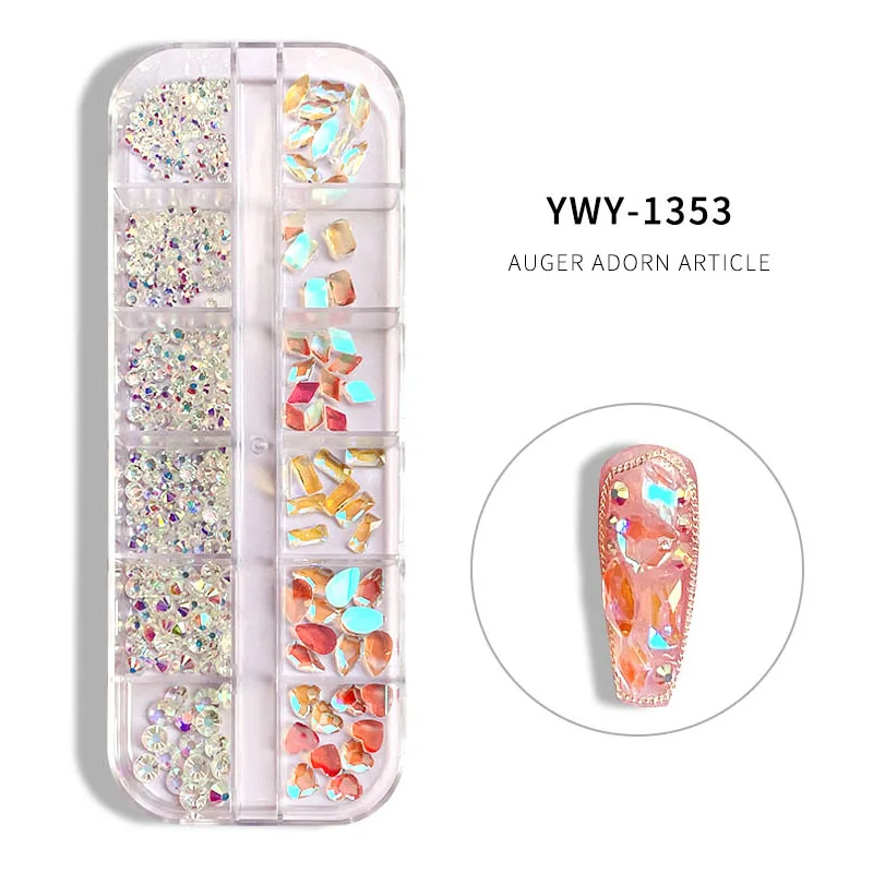 

1 Box DIY Nail Art 3D Decoration In 6cell pot Crystal Nail Art Rhinestone Gold Silver Clear All Color Flat Bottom Mixed Shape