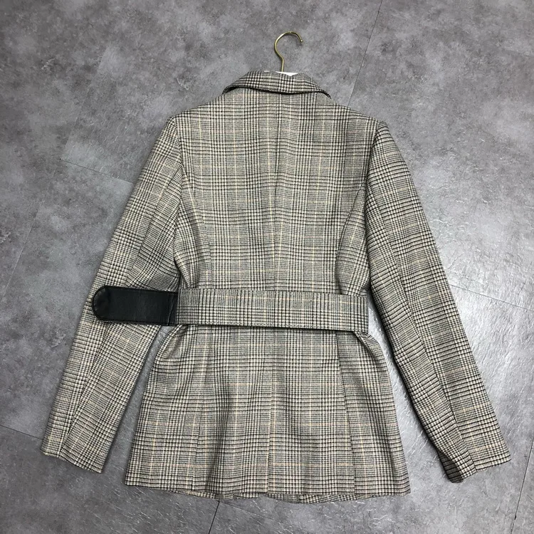 Women Elegant Plaid Blazer Notched Collar Long Sleeve Sashes Double Breasted Coats Female Office Lady Suit Jacket Clothing 2020 | Женская