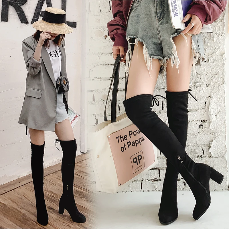 

2019NEW Elastic Flock Slim Fit Over The Knee Boots Women Winter thigh Lace up ladies High heel Chunky heel Long Thigh High botas