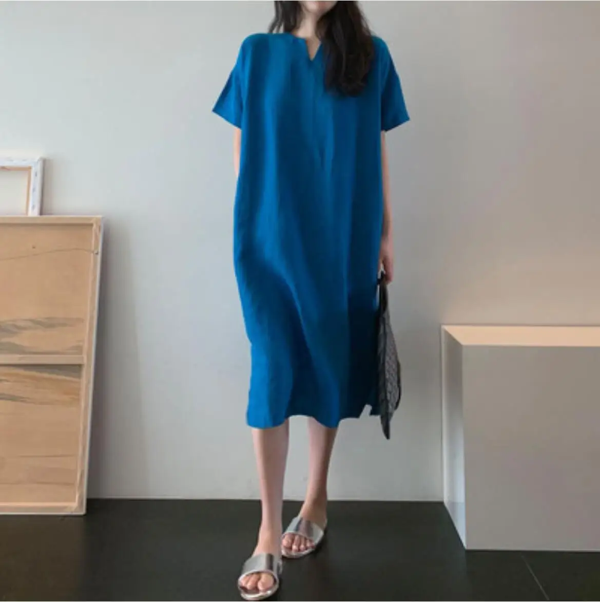 

New Summer Dress Women Cotton Linen Short Sleeve Dresses Female Dress Vintage dress Oversize Boho Robe Femme Vestido