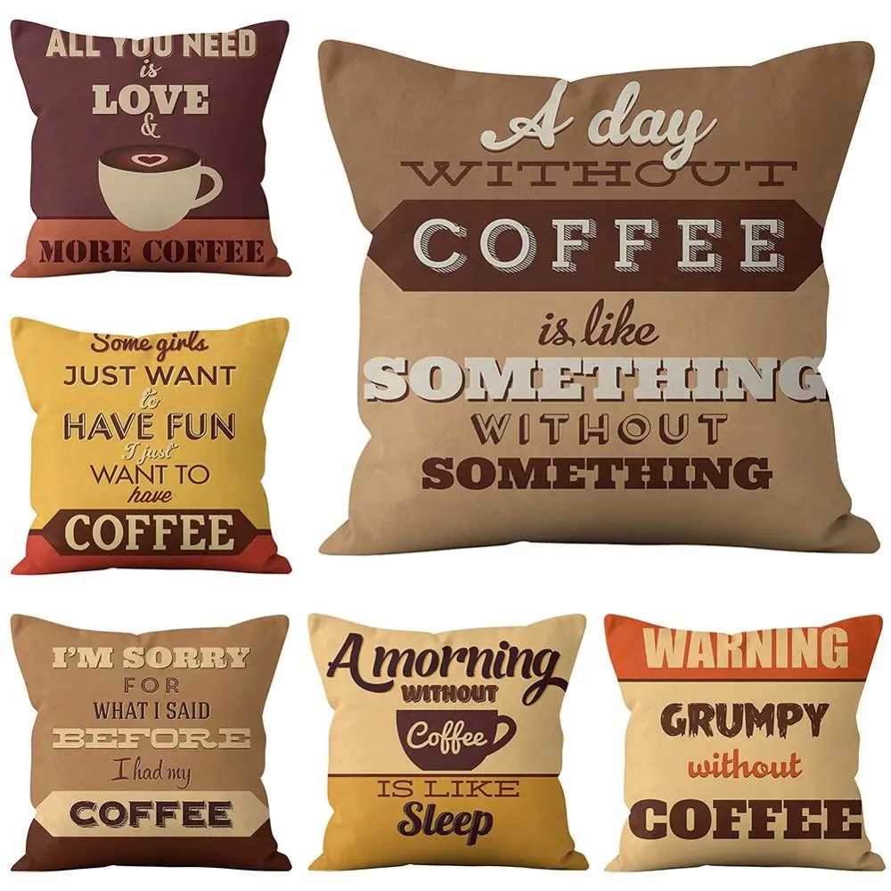 

18" Coffee Time Brown Retro Cotton Linen Pillow Case Home Decorative Sofa Seat Car Living Room Soft Cushion Cover