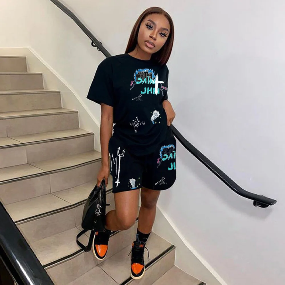 

Streetwear Women's Sport Suit Summer Black Letter Print Short Sleeve T-shirt+biker Shorts Hip Hop Workout Running 2 Piece Sets
