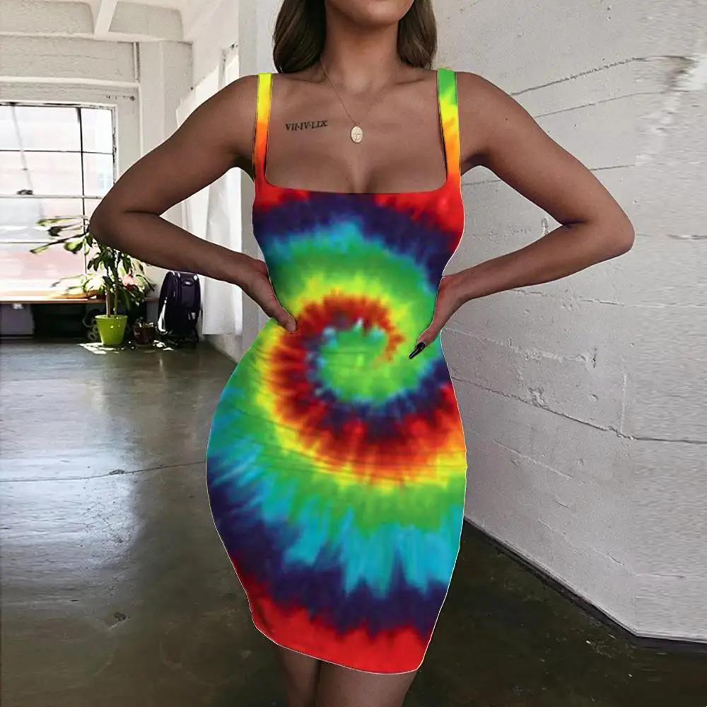 

Giyu Brand Dizziness Dresses Women Colorful Halter Sleeveless Rainbow Ladies Dresses Art Bodycon Dress Womens Clothing Club New