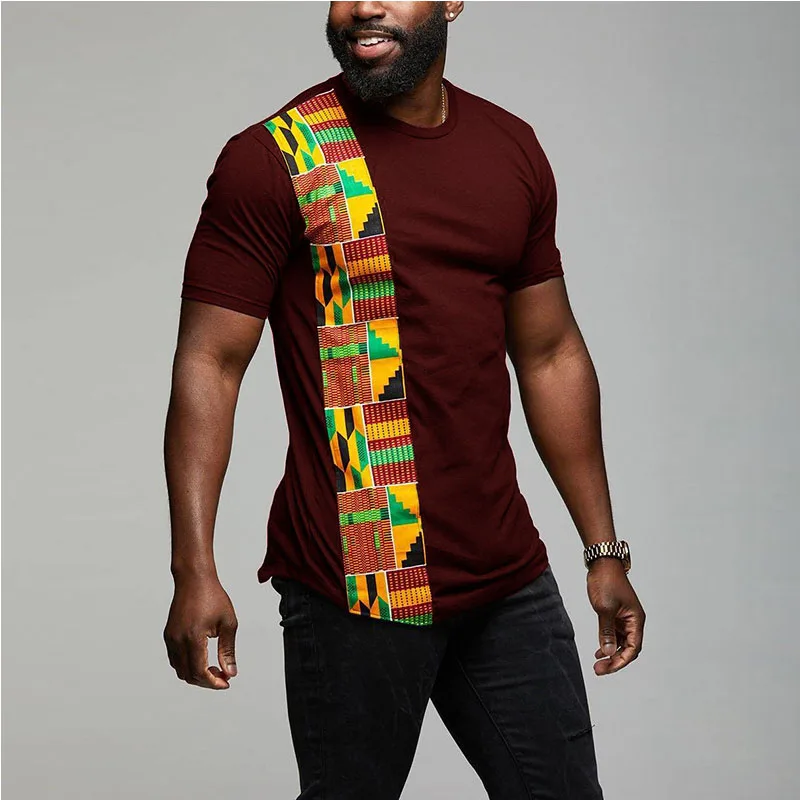 Red Анкара Kente Kitengi африканская печать мужская футболка Топ Kente панельные Гана с коротким рукавом рубашка лоскутное африканская одежда для мужчин - Цвет: Red