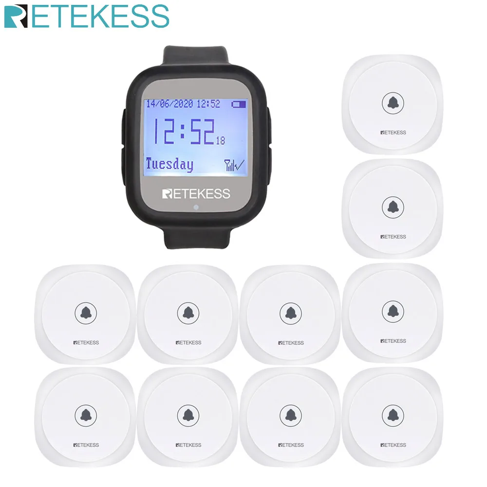 

Пейджер ресторанный Retekess TD106, приемник-часы + 10 кнопок вызова официанта, беспроводная система вызова официанта для кафе, бара, буфетной клини...