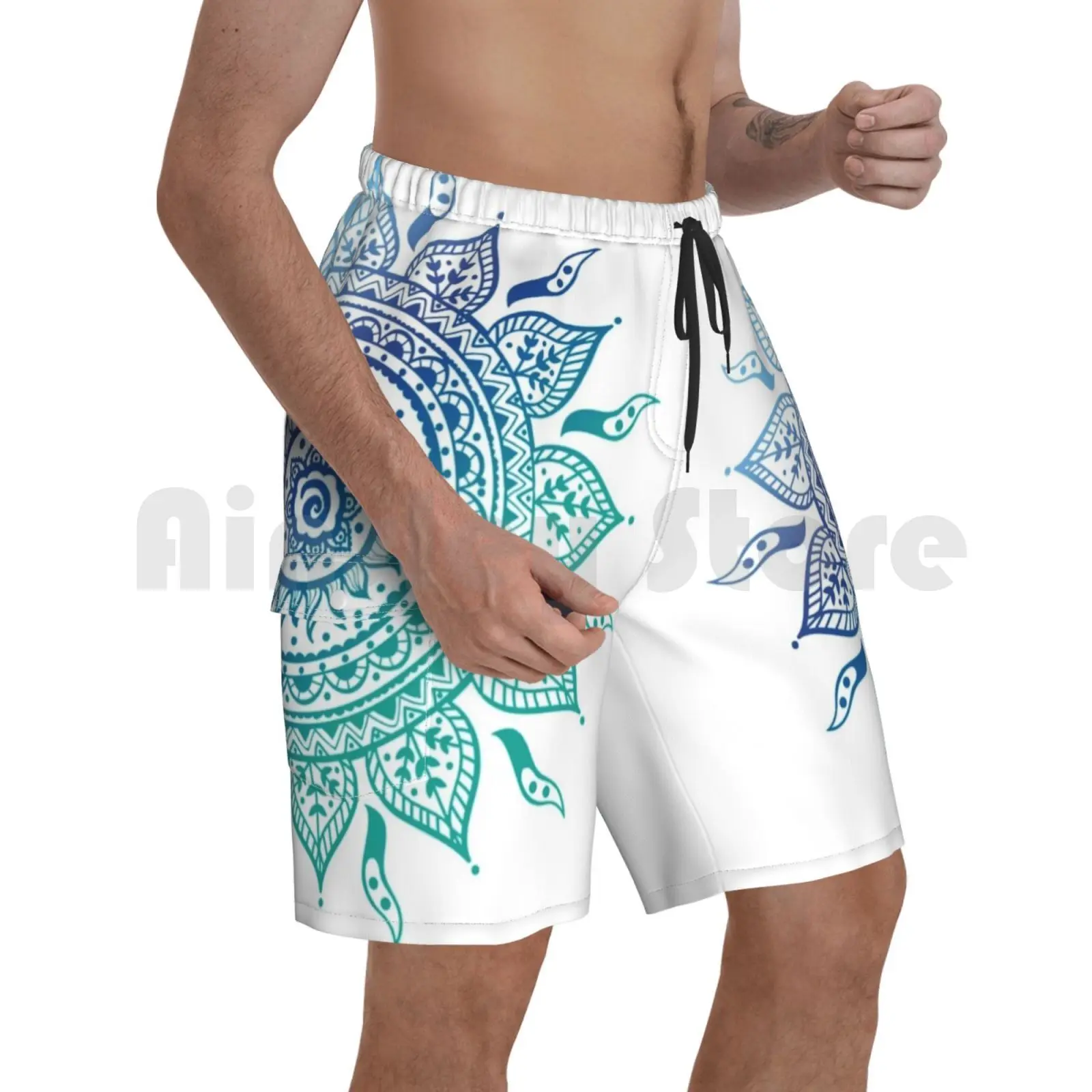 

Blue Gradient Mandala Beach Shorts Men Beach Pants Swim Trunks Green Tribal Watercolor Paisley Floral Flower Rainbow