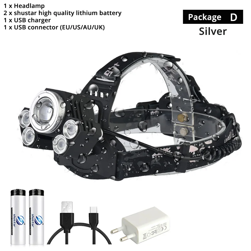 Package D-Silver Мощный светодиодный налобный фонарь вращающийся зум водонепроницаемый головной светильник с использованием антибликовых линз белый/желтый/синий светильник 18650 для рыбалки - Испускаемый цвет: Package D-Silver