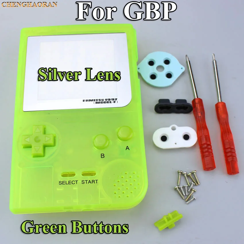 1set Luminous Yellow Green Housing Shell case cover For Gameboy Pocket Console Screwdriver Rubber Silver lens Blue Button Kit |