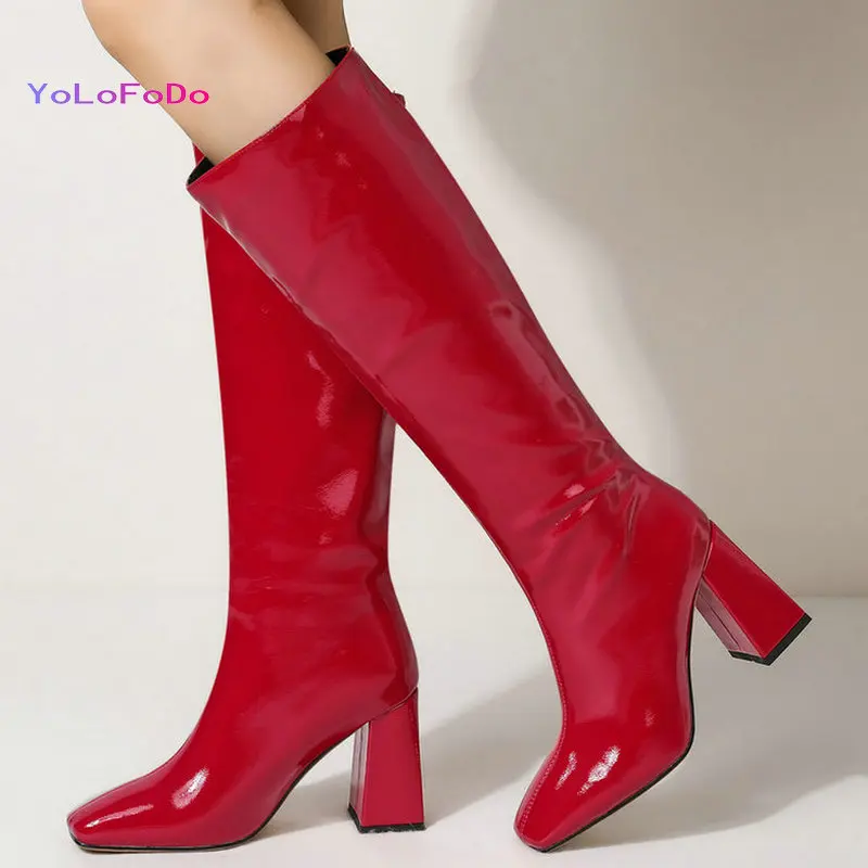 

Patent PU Leather Women Knee High Boots High Quality Ladies Thick High Heel Boots Slip on Square Toe Woman's Boots Black Red