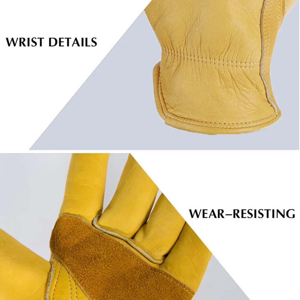 [AETRENDS] Flex Grip Leather Work Gloves Stretchable Wrist Tough Cowhide Working Gloves(Gold, S, M, L, XL) O-0047