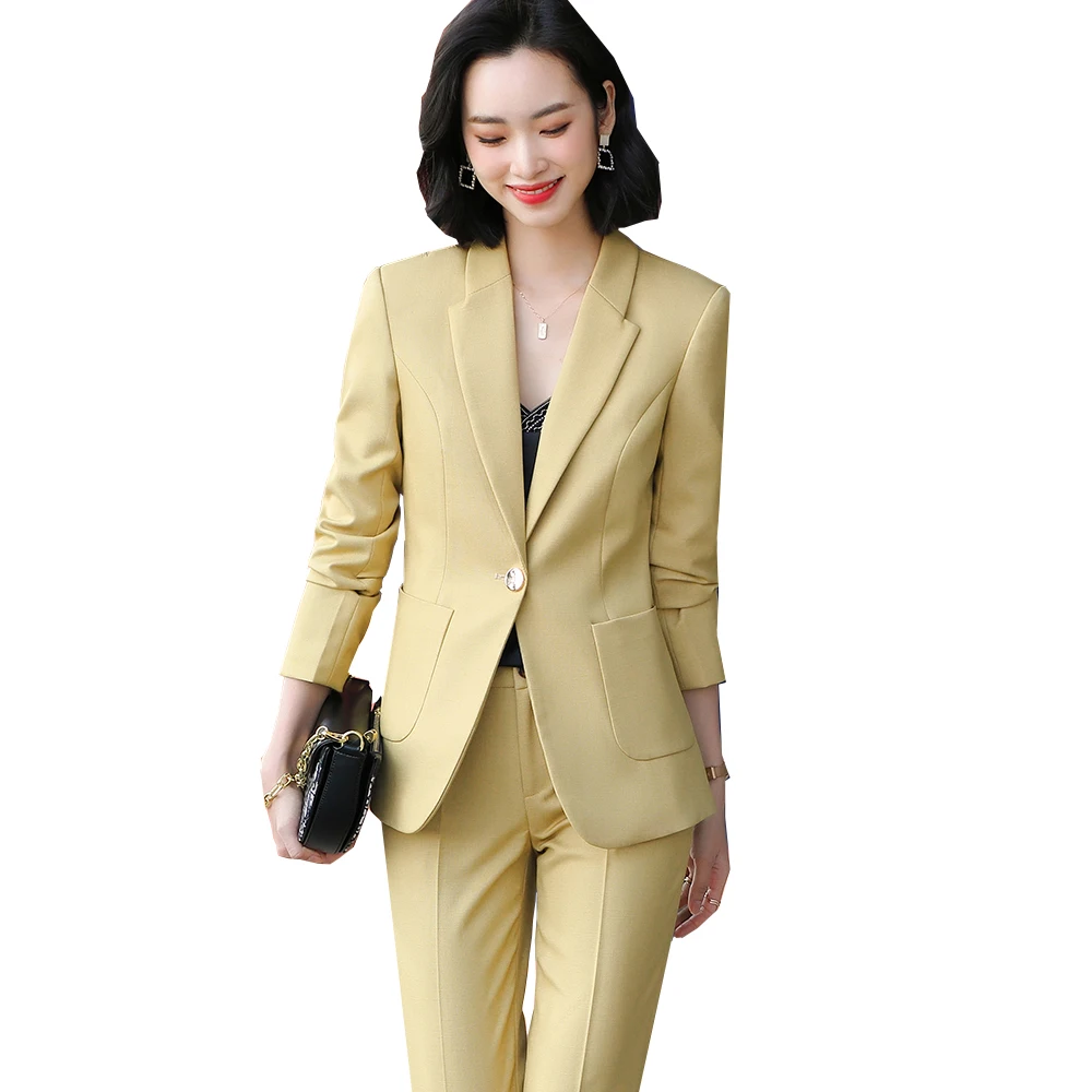 

High Quality Women Classic Formal Pant Suit 2 Piece Set With Pocket Office Ladies Work Jacket Blazer and Trouser for Fall Winter