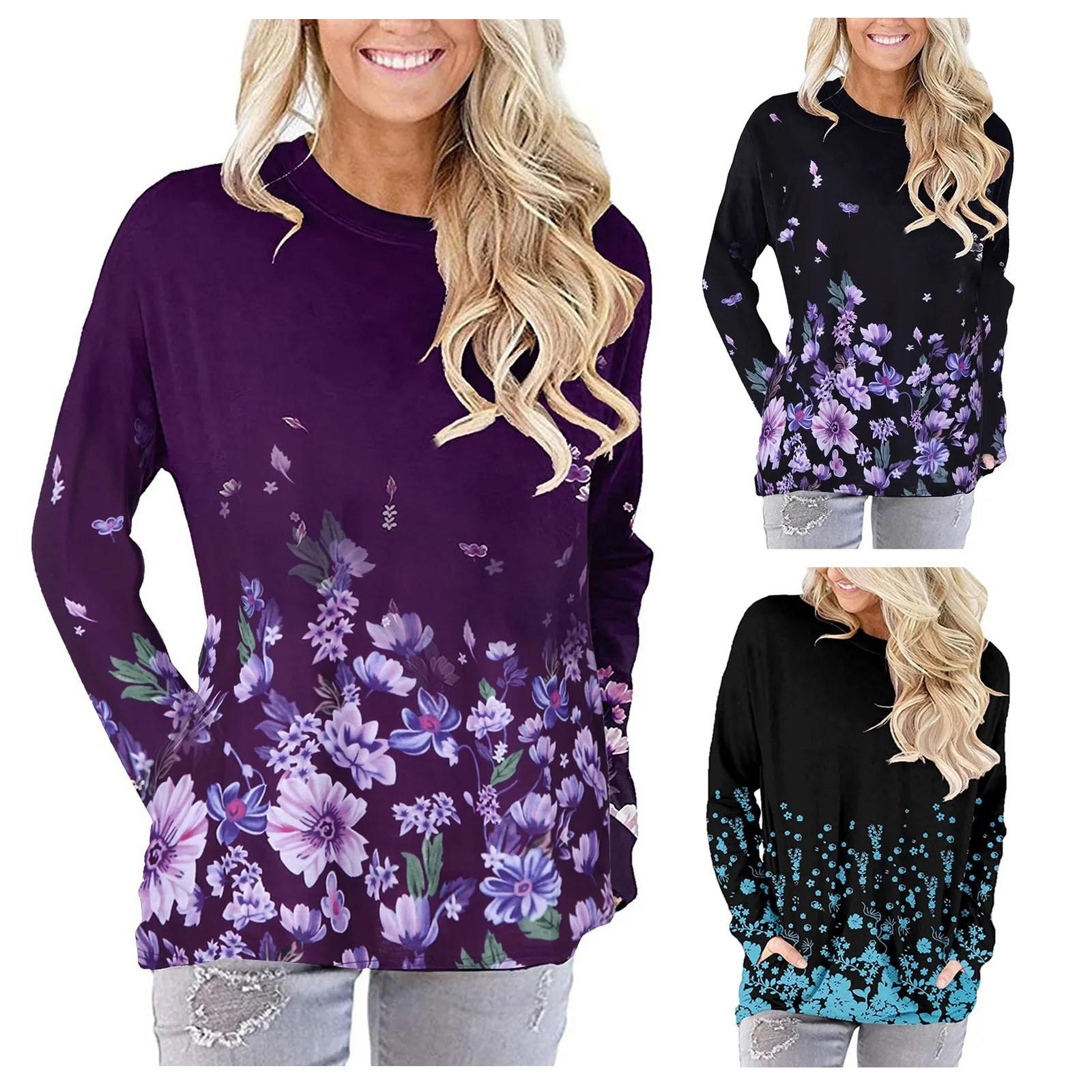 

Women's T-Shirts Casual Loose Round Neck Long Sleeve Pullover Top Comfortable Flower Printed Top With Pocket Female Tunic Tops