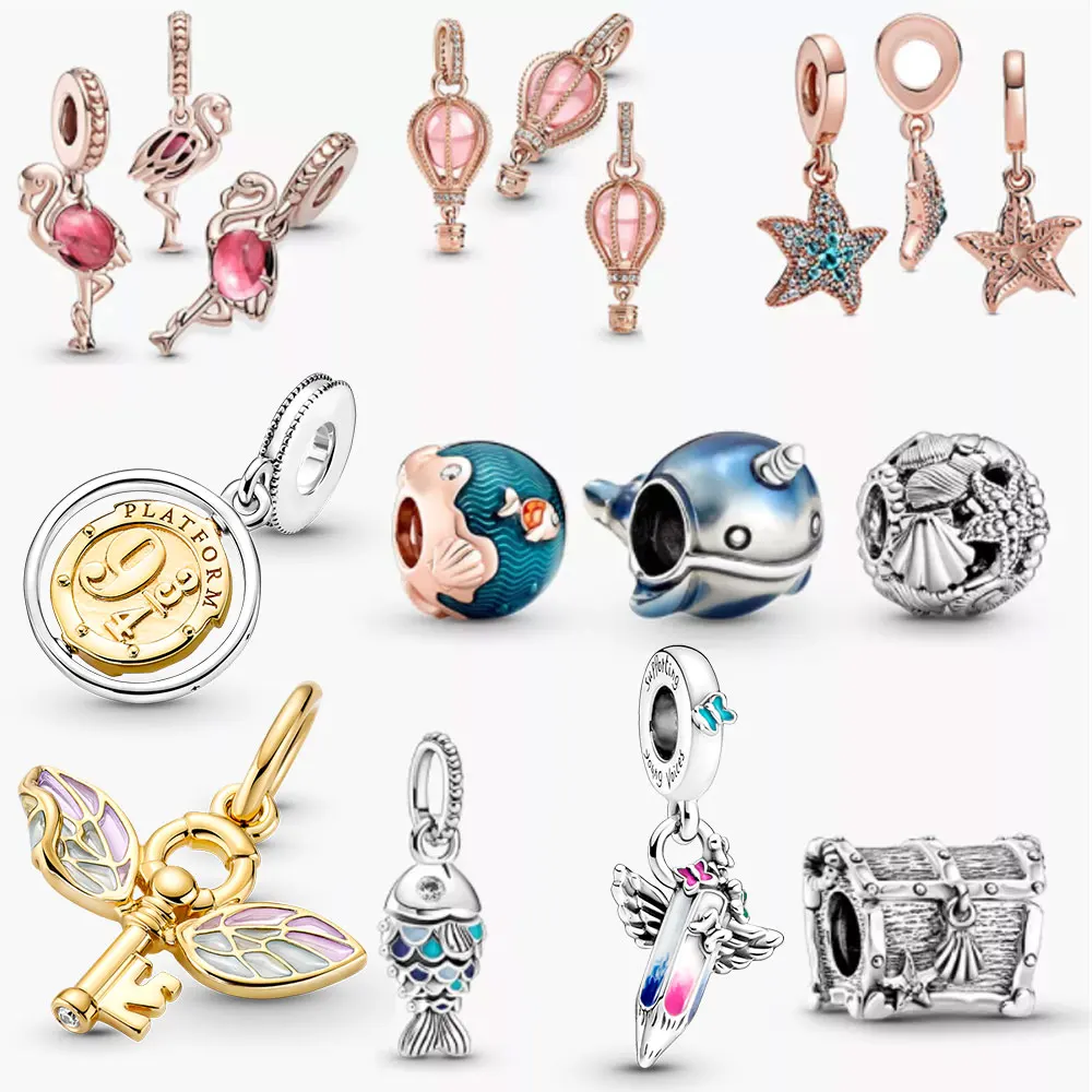 

Женский браслет pandora, серебро 925 пробы, подвеска с фламинго, замком, морской звездой, ювелирные изделия для рукоделия, Новинка лета 2021