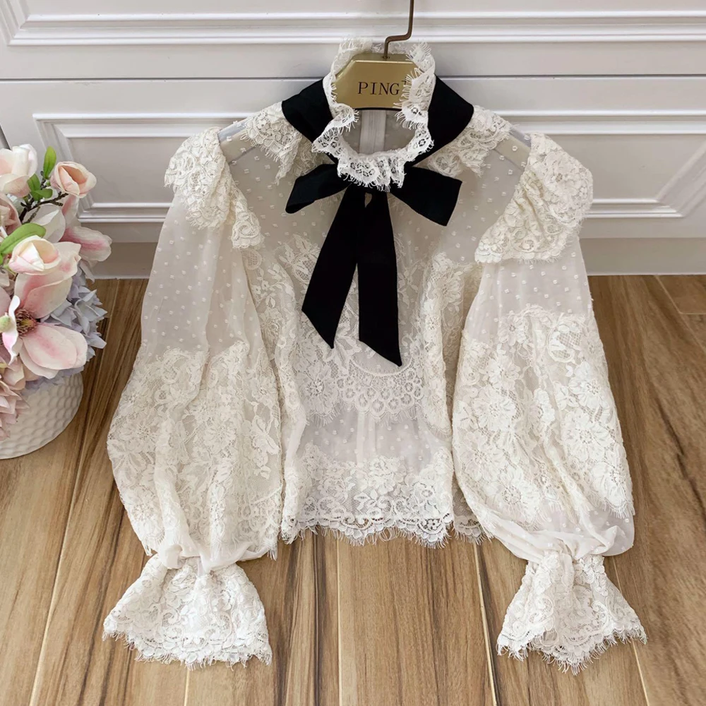 Red RoosaRosee Runway Designer Elegant Autumn Women Floral Applique Stand Collar Polka Dot Long Lantern Sleeve Shirt Tops Blouse - Цвет: color