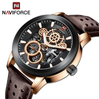 naviforce top brand automatic mechanical watches leather strap luminous shock resistant creative alarm mens clock wrist watches