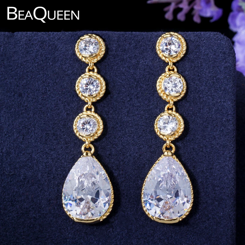 BeaQueen Роскошный желтый золотой цвет большая капля CZ камень кубический цирконий