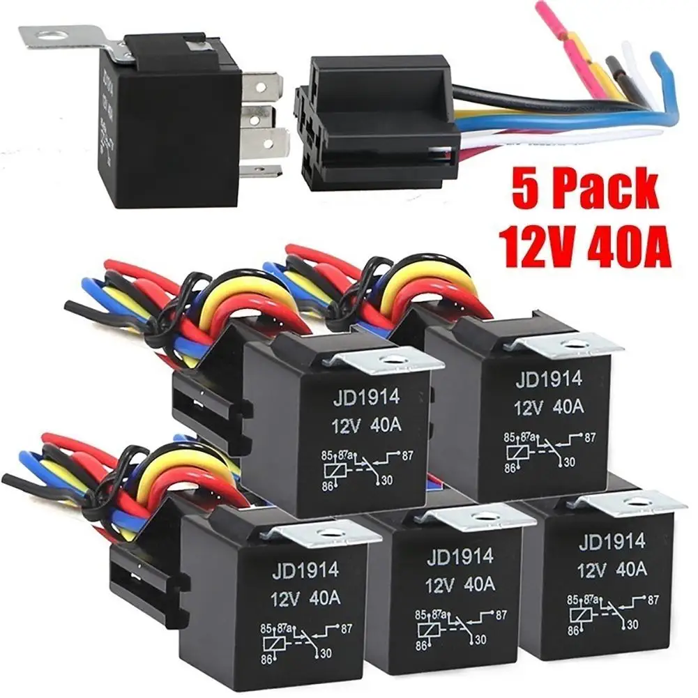 JD1914 5Pcs 5-Pin Auto Car Vehicle 12V 40A Relay Base Socket Control Wire Set |