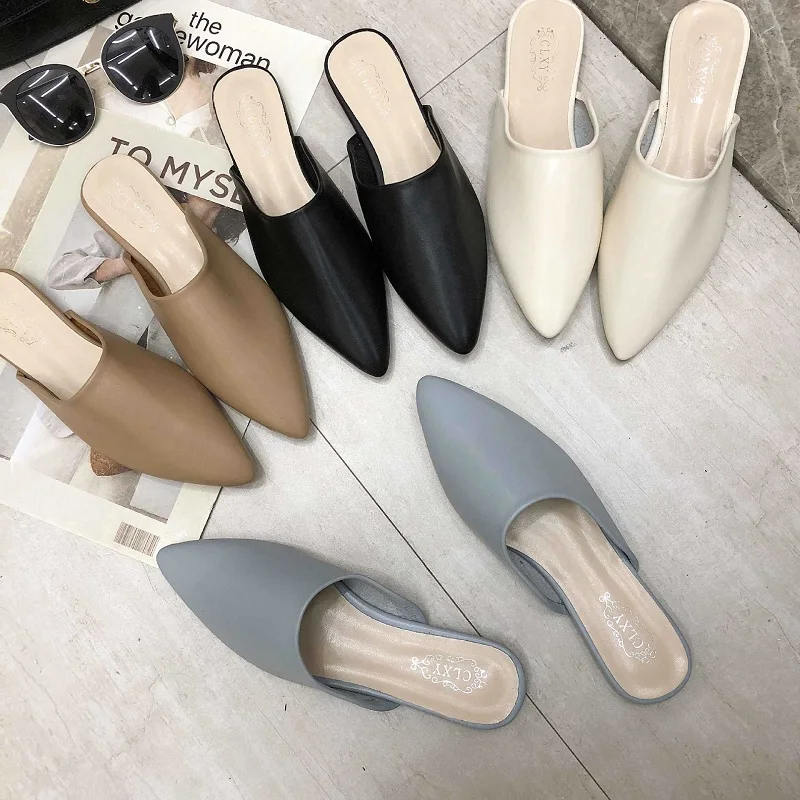 

Flat Shoes 2022 Fashion Mules For Women PU Leather Pointed Toe Slip On Flip Flops Women Slipper Summer Sandals Women's Shoes
