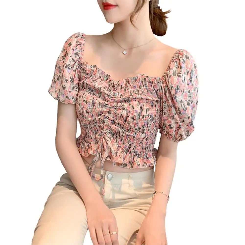 

Women Summer Sexy Off Shoulder Tops Stylish Floral Design Chiffon Waist Slim Short Sleeve Crop Tops Casual Streetwear Style