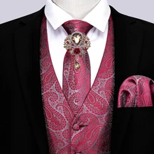 Barry.Wang Red Paisley Waistcoat for Men Slim Suit Vest Silk Vest Necktie Set Handkerchief Cufflinks Formal Vest for Business (3)