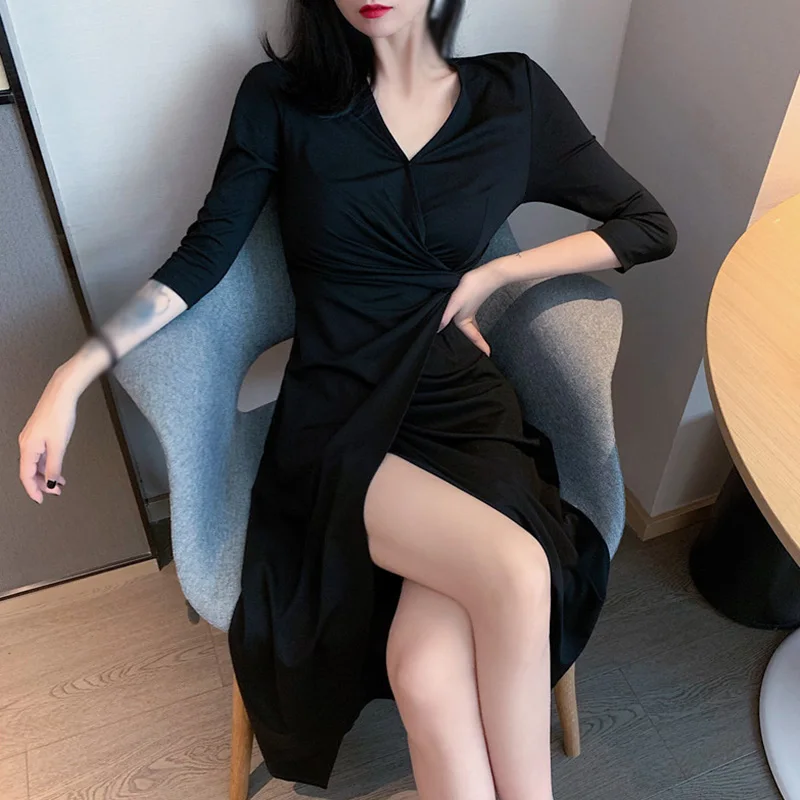 

Elegant Sexy V Neck Slim Long Dresses Women High Waist Elegant Dress Female Split Long Dress Vestidos