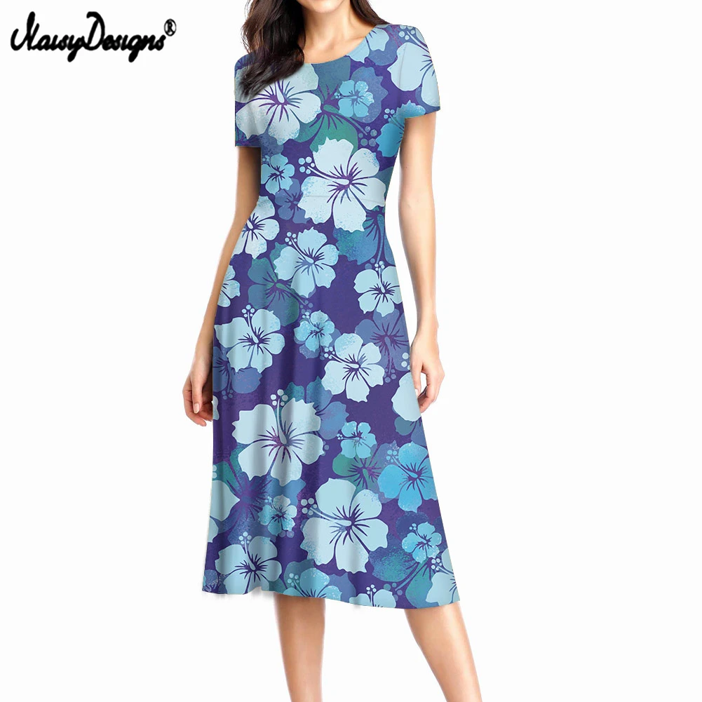 

NOISYDESIGNS Fashion Elegant Women Short Sleeve Dress Hibiscus Flower Pattern Print Female Dress Summer Casual Clothes Vestidos
