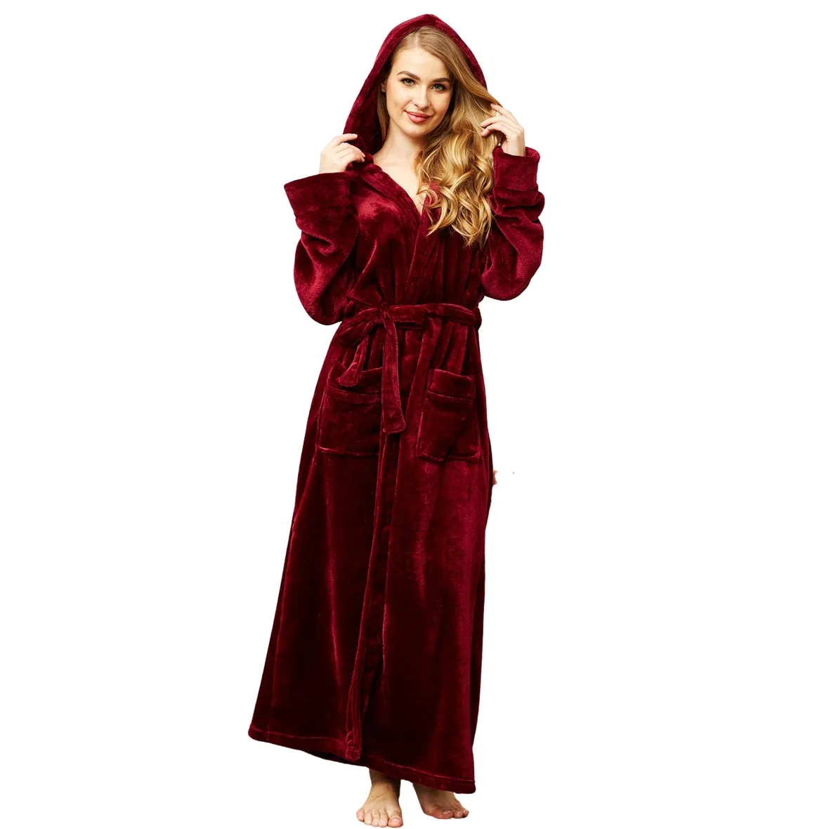 

Women Flannel Hooded Robe Warm Solid Kimono Gown Long Sleeve Bathrobe Gown Unisex Loungewear Coral Fleece Kimono Gown