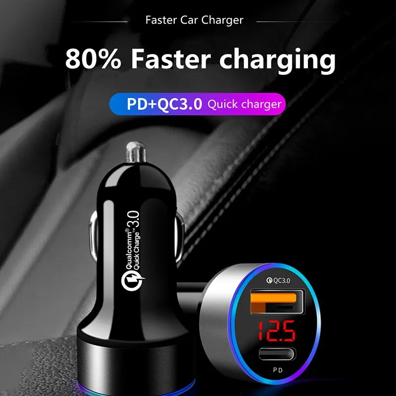 

Автомобильное зарядное устройство QC3.0 + PD с двумя USB-разъемами, совместимое с мобильным смартфоном, быстрое зарядное устройство для телефона