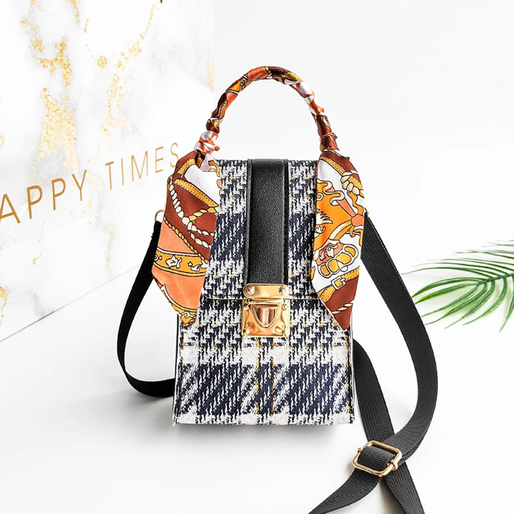 

Retro Women Silk Scarf Shoulder Bag Leather Plaid Print Bag Hand Lock Shell Phone Bag Women's Handbag Purses Chain Crossbody Bag