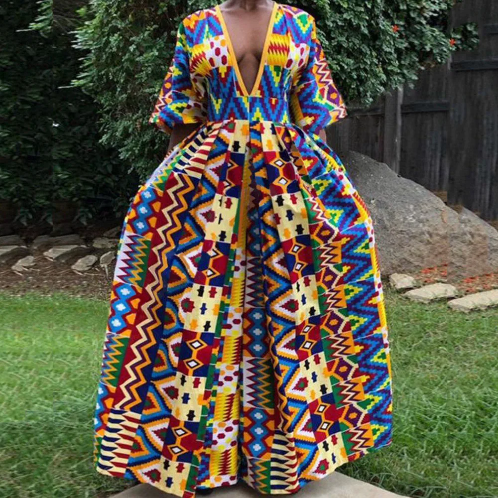 

2021 Autumn Winter New Dress African Fashion Design Printing High Waist Deep V-neck Temperament Sexy 7 Sleeves Women