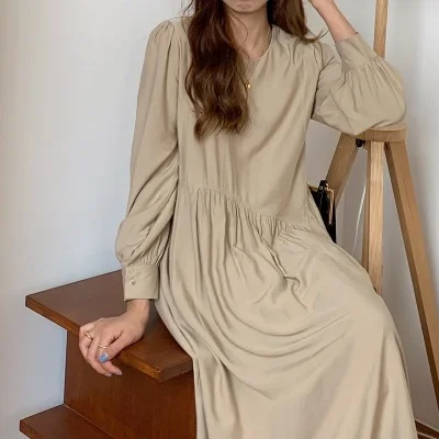 

2020 Autumn Korean Solid Women Long Pleated Dress Full Sleeve O-neck Loose Simple Basic Dresses Casual Fashion Ladies Vestidos