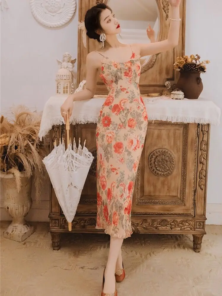 Винтажное летнее Женское Платье макси с цветочным принтом элегантный узкий